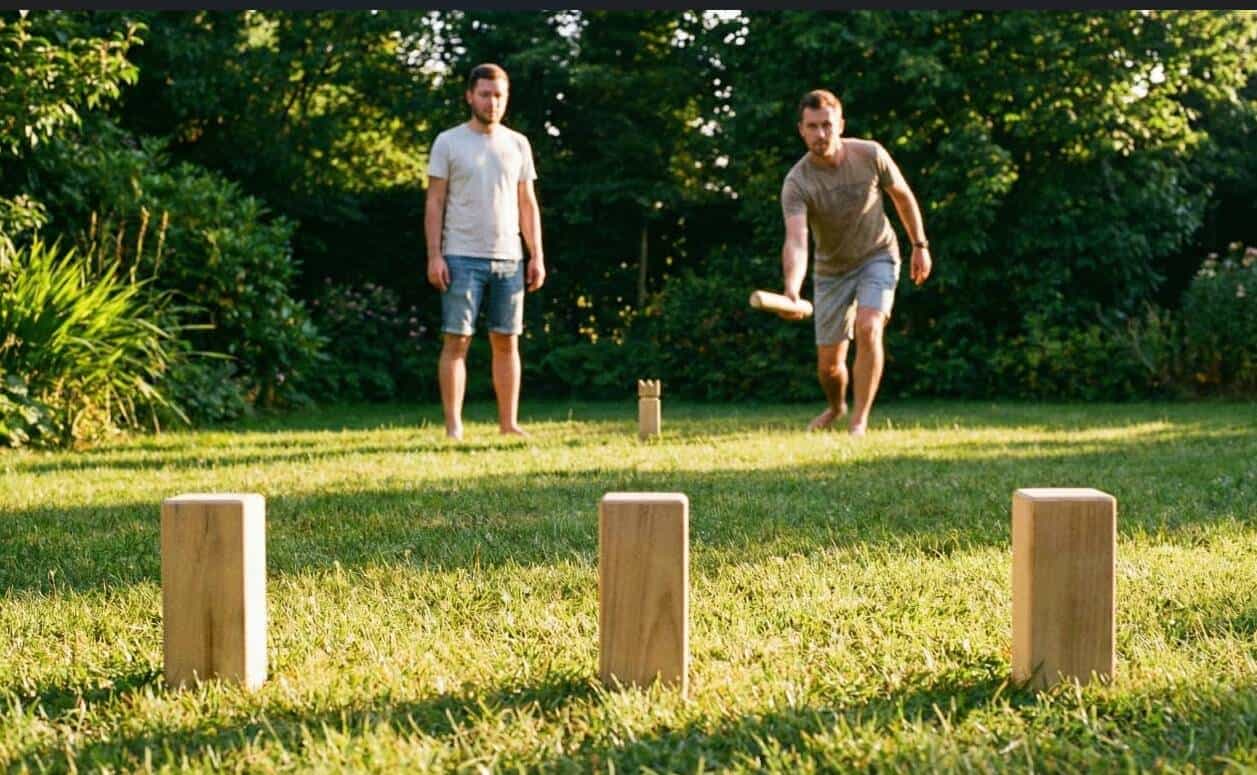 Kubb-Spiel im Garten – zwei Spieler beim Wikingerschach
