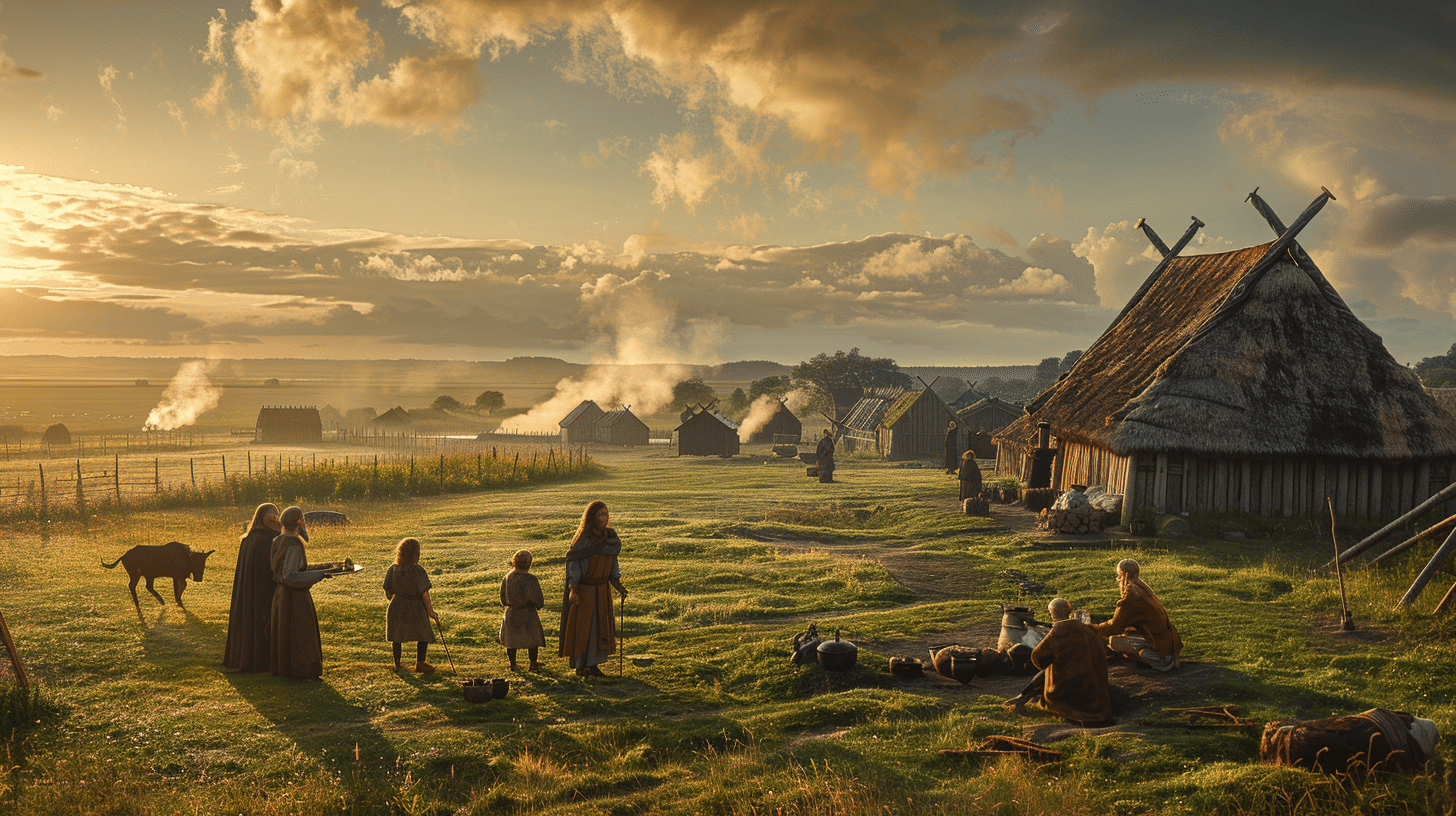Wikinger Dorf bei Sonnenuntergang
